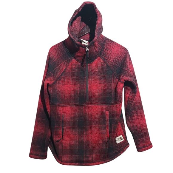 The North Face Red Plaid Crescent Hooded Pullover Sweater Fleece Size Small - Picture 1 of 5